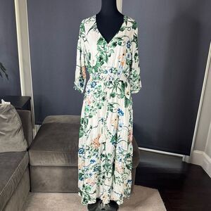 Women’s Floral Maxi Dress 3/4 Sleeve Empire Waist Button Front V-Neck Size XL